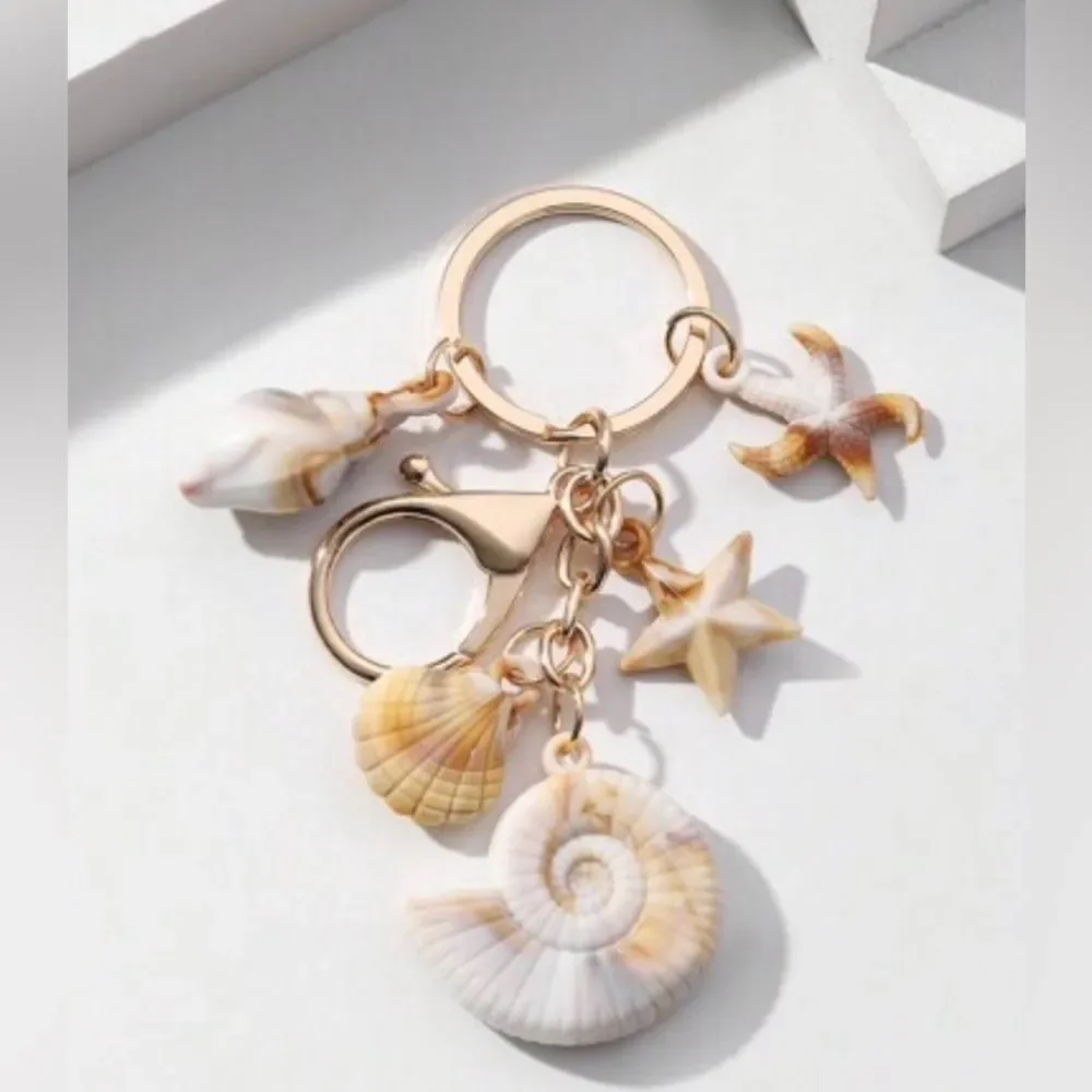 NEW! Seashell Charm Keychain Bag Charm - Khaki Tan Coastal & Cream
